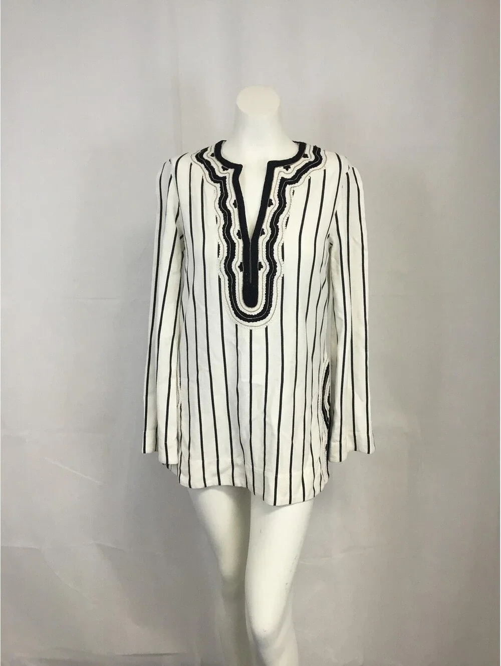 [430] Tory Burch Blouse Womens 4 White Striped Embroidered Tunic Long Sleeve Top
